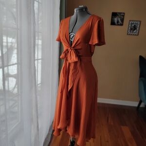 Petal & Pup Amanda Hi-Lo Tie Front Midi Dress - Rust/Terracotta Orange - US 6